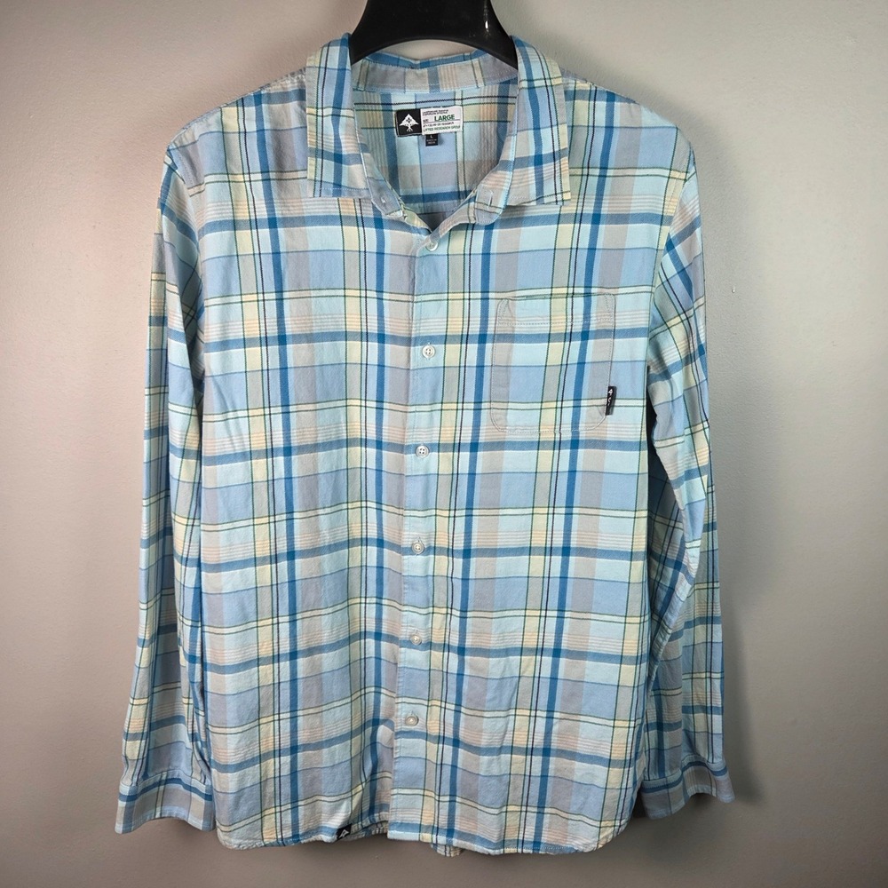 LRG Lifted Research Group Button Down Mens Large Blue Plaid Long Sleeve